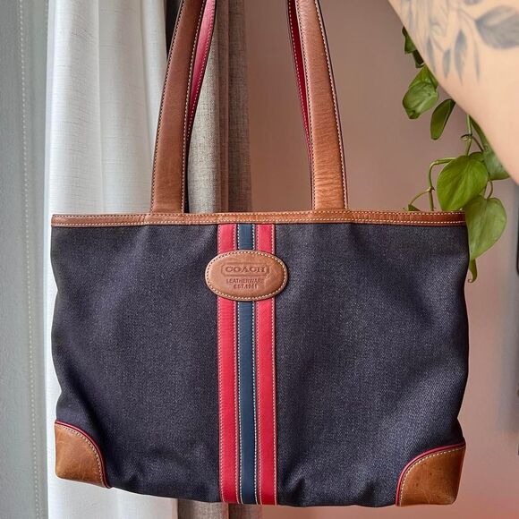 Coach Signature Stripe Tote Bag – Red & Navy with Tan Leather Trim - Picture 1 of 6